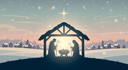 Vintage-style Christian winter poster, nativity scene silhouette in front of snowy village, starry night sky, gentle snowflakes, muted pastel colors, nostalgic feel for holiday cards