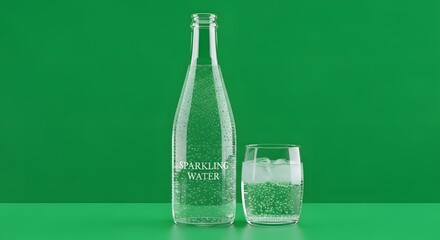 A clear glass bottle and a filled glass of sparkling water with bubbles on a vibrant green background
