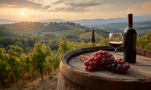 Experience the Tuscan countryside with a glass of red wine, perfect for travel blogs, culinary guides, and promoting a relaxing lifestyle in Italy