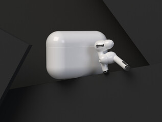 Airpod wireless earphone noise cancelling technology with charging case. Bluetooth headphones gadgets and electronic devices.