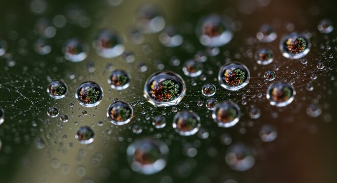 Numerous clear droplets rest upon fine strands of webbing in a close up nature scene
