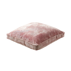 Soft, pink, square velvet cushion on a black background