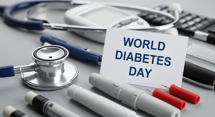 World Diabetes Day Card with Stethoscope, Insulin Pens, and Glucose Meter, Highlighting Medical Awareness