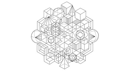 Abstract Geometric Network of Cubes Spheres and Pyramids in Technical Line Art