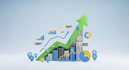 A 3D rendered graphic depicting financial growth and positive trends.