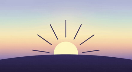 Stylized graphic illustration of a sunrise or sunset with radiating sunbeams over a dark horizon and a pastel gradient sky.