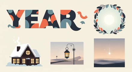A collection of winter and new year themed illustrations including a snowy house, a festive wreath, and a patterned 'YEAR' text.