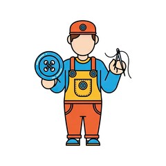 Obraz premium Cartoon Illustration Of Tailor Holding Sewing Tools And Large Button On White Background