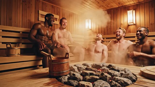 Group of Men Relaxing in a Traditional Sauna.