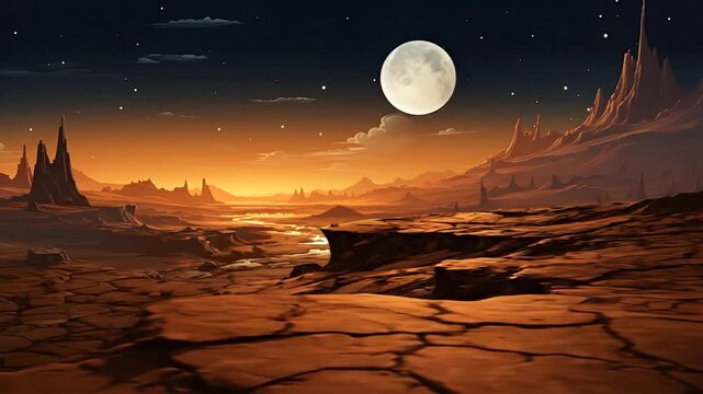 Pixel Art Landscape of a Desert Valley at Night with a Large Moon and Starry Sky in Shades of Orange Yellow and Brown - Footage