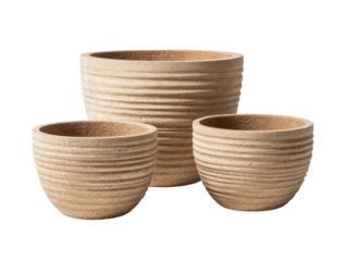 Three beige, textured, round, empty planters
