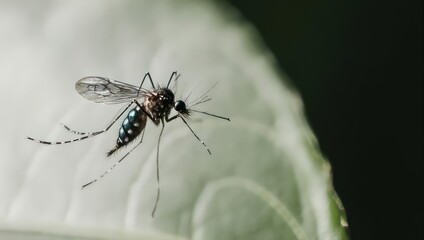 Fototapeta premium Close-up of a mosquito on a leaf, detailed insect macro photography.
