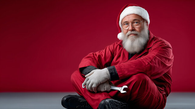 Santa Claus Holding Tools Close Up on Red Background