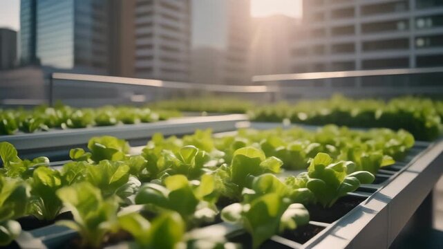 A vibrant rooftop garden with rows of fresh green lettuce plants thriving in an urban city environment under bright sunlight.