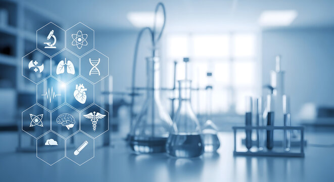 Medical Science and Research Laboratory with Digital Healthcare Icons