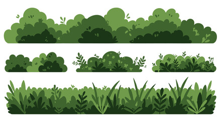 Obraz premium A versatile collection of vibrant green grass and bush elements, designed in a modern flat vector style, ideal for diverse digital design projects.
