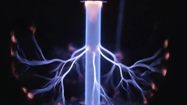 Stunning electric plasma display with vibrant blue energy arcs for science, physics, or technology visualisations and futuristic backgrounds