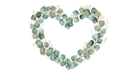 Elegant heart shaped wreath made of eucalyptus leaves and small flowers on transparent background