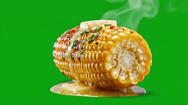 Three Grilled Corn on Green Background With Butter Drips.