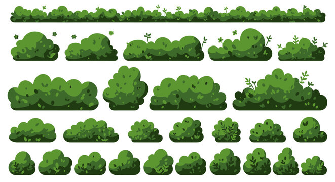 A charming collection of various green cartoon bushes, grass, and shrub elements presented in a clean vector style, perfect for game design or nature illustrations.