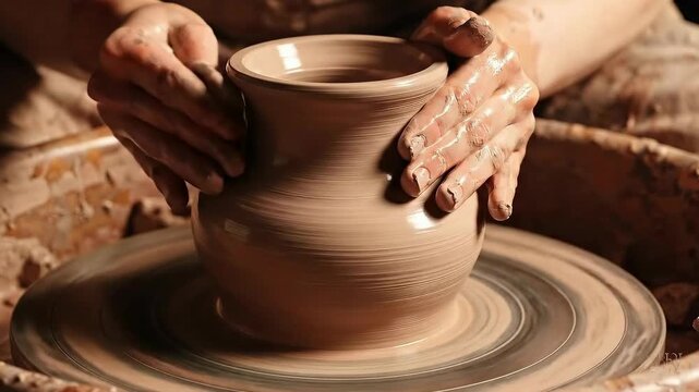 Hands shaping clay on a spinning pottery wheel in slow motion.