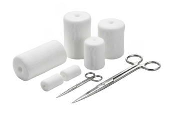 Medical supplies gauze rolls and scissors isolated on transparent background