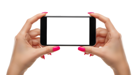 Hands holding a mobile phone with a blank white screen, ready for content