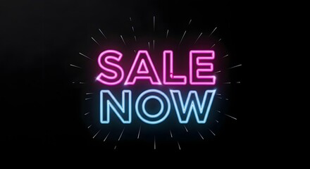 Bright neon sign displaying the words 'SALE NOW' in pink and blue colors against a dark background, often used for advertising discounts and promotions in retail stores