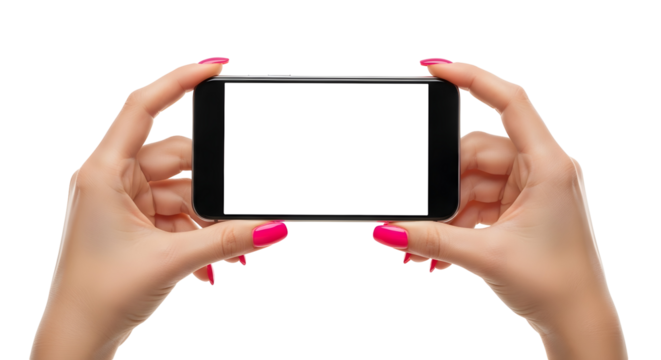 Hands holding a mobile phone with a blank white screen, ready for content
