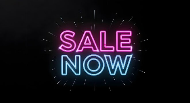 Bright neon sign displaying the words 'SALE NOW' in pink and blue colors against a dark background, often used for advertising discounts and promotions in retail stores