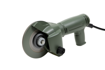Green angle grinder with metallic grinding wheel on transparent background