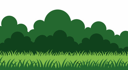 Obraz premium A vibrant green cartoon grass border with stylized bushes creates a simple, cheerful natural landscape background perfect for various design projects.