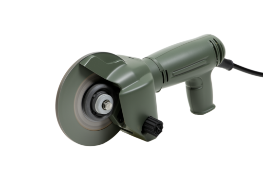 Green angle grinder with metallic grinding wheel on transparent background