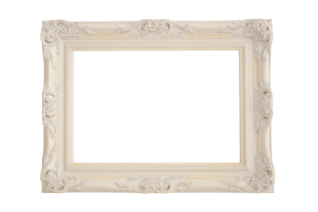 Ornate white picture frame with intricate scrollwork and floral motifs on transparent background