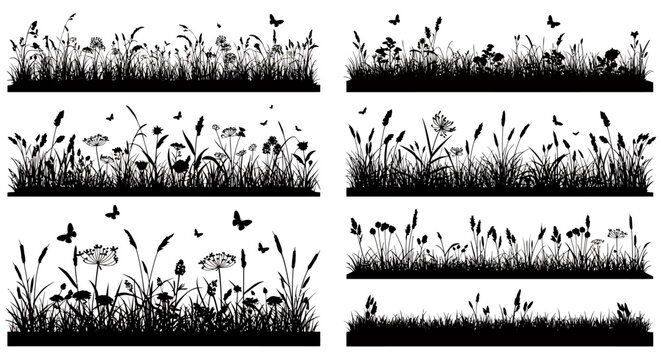 A collection of detailed black silhouette vector borders featuring various types of grass, wildflowers, and playful butterflies, perfect for natural design elements.