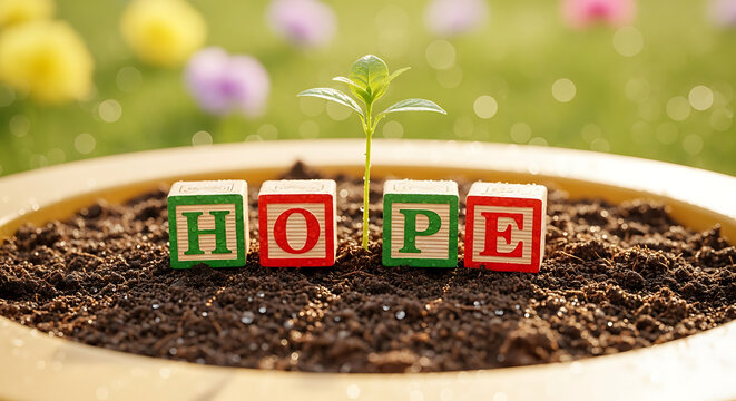 close-up shot of alphabet blocks formed "HOPE" on a potted tiny plant with soil a new beginning wish for motivation
