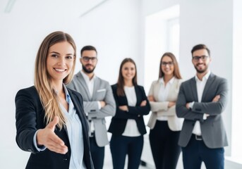 Fototapeta premium Confident businesswoman shaking hands with professional team