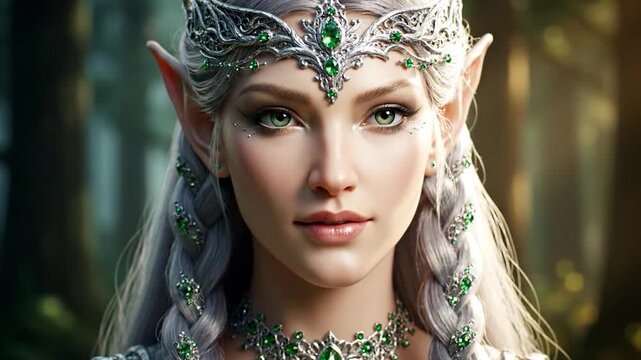 Close-up of an elven woman with silver hair, adorned with intricate jewelry. Her eyes are captivating