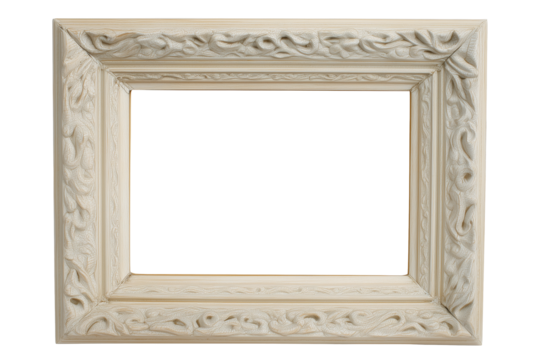 Intricately carved vintage wooden picture frame with floral motifs on transparent background