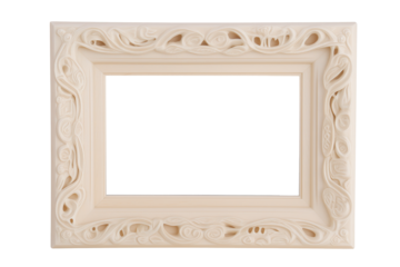 Rectangular picture frame with intricate symmetrical carvings and floral motifs on transparent background