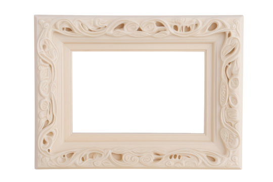 Rectangular picture frame with intricate symmetrical carvings and floral motifs on transparent background