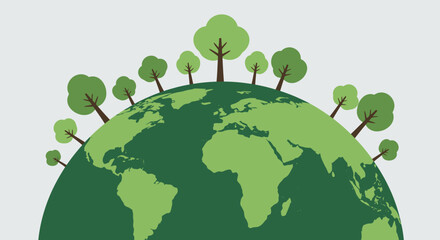 Stylized green planet Earth illustration with trees and grass, representing environmental awareness and nature conservation on a light background.