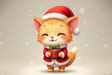 Cute orange cat in smiling face in red Santa Claus costume.