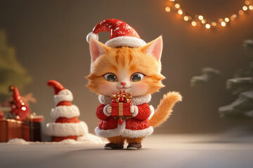 Cute orange cat wearing red Santa Claus costume on Christmas party background.