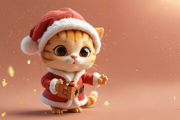 Cute orange domestic cat wearing red Santa Claus costume.