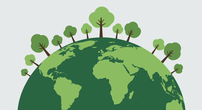 Stylized green planet Earth illustration with trees and grass, representing environmental awareness and nature conservation on a light background.