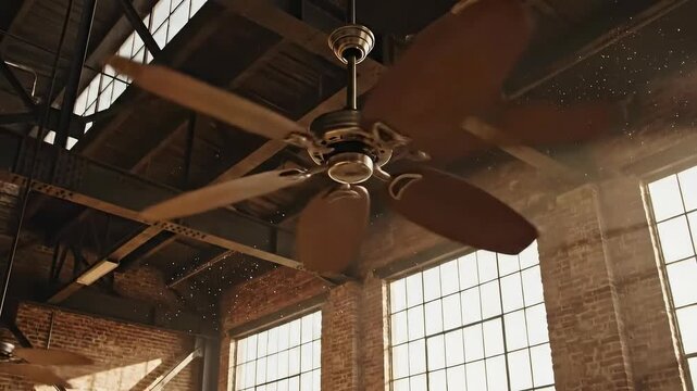 Industrial warehouse ceiling fans in sunlit brick interior.