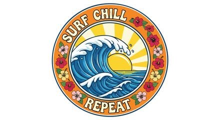 Badge Illustration Vector of Retro Ocean Wave Sun Hibiscus Flowers Blue Yellow Orange Tropical Style