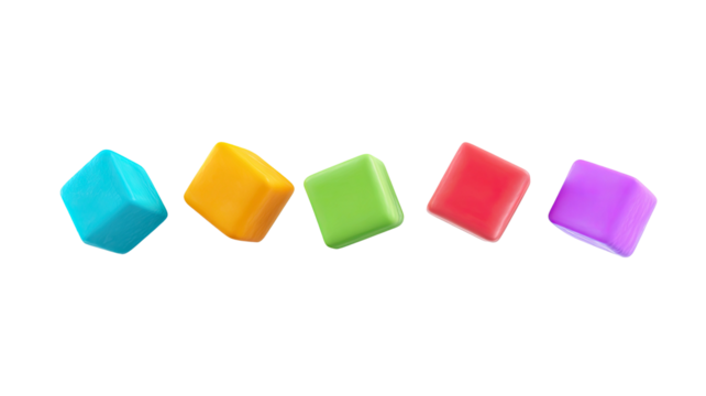 Row of five colorful, rounded cubes floating against a black background - Powered by Adobe