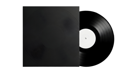 Black vinyl record and cover on white background with minimalist aesthetic